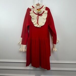 Red Knit Ruffle Bib Sweater Dress Cream Trim Long Sleeve Holiday Girls